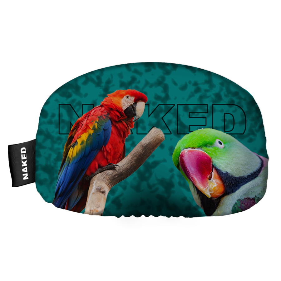 Two colorful parrots perch on a teal background with the word NAKED faintly visible behind them, creating a playful design perfect for the Skibrillen Schutz (Überzieher) by NAKED Optics.