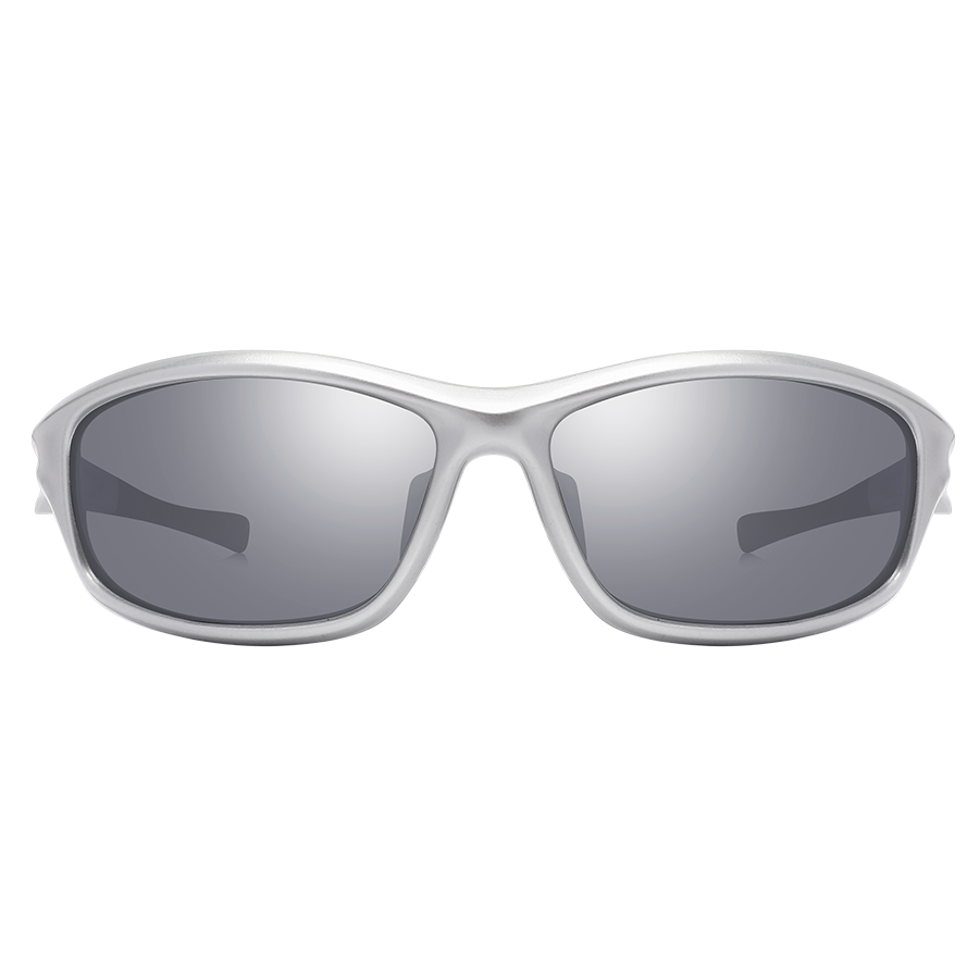 Die RAVE-Sportsonnenbrille mit silbernem Rahmen und dunklen, verspiegelten Gläsern.