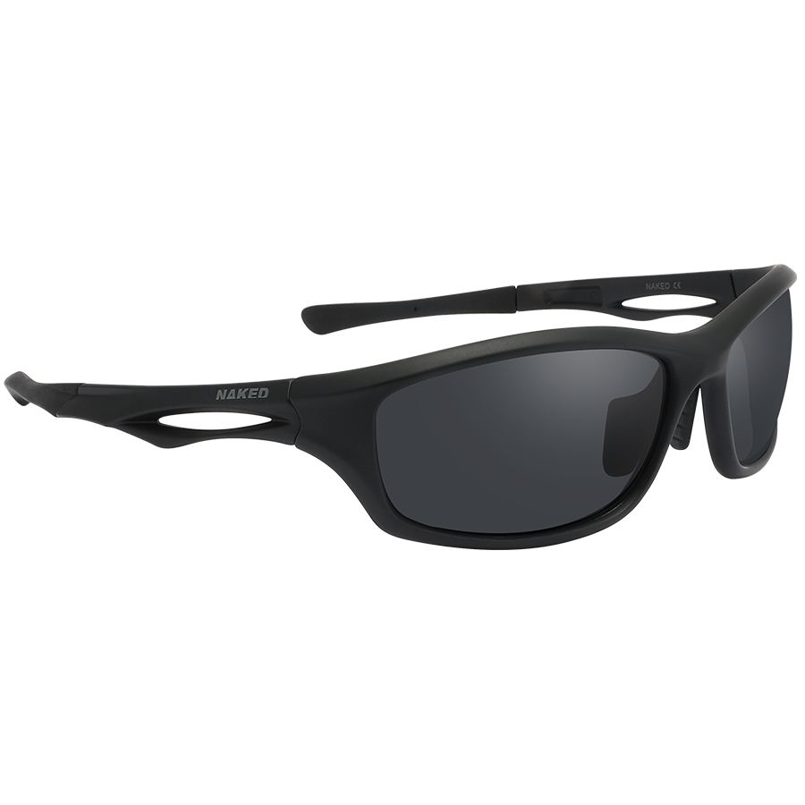 Le modèle RAVE de NAKED Optics : lunettes de soleil de sport enveloppantes noires avec des verres gris foncé.