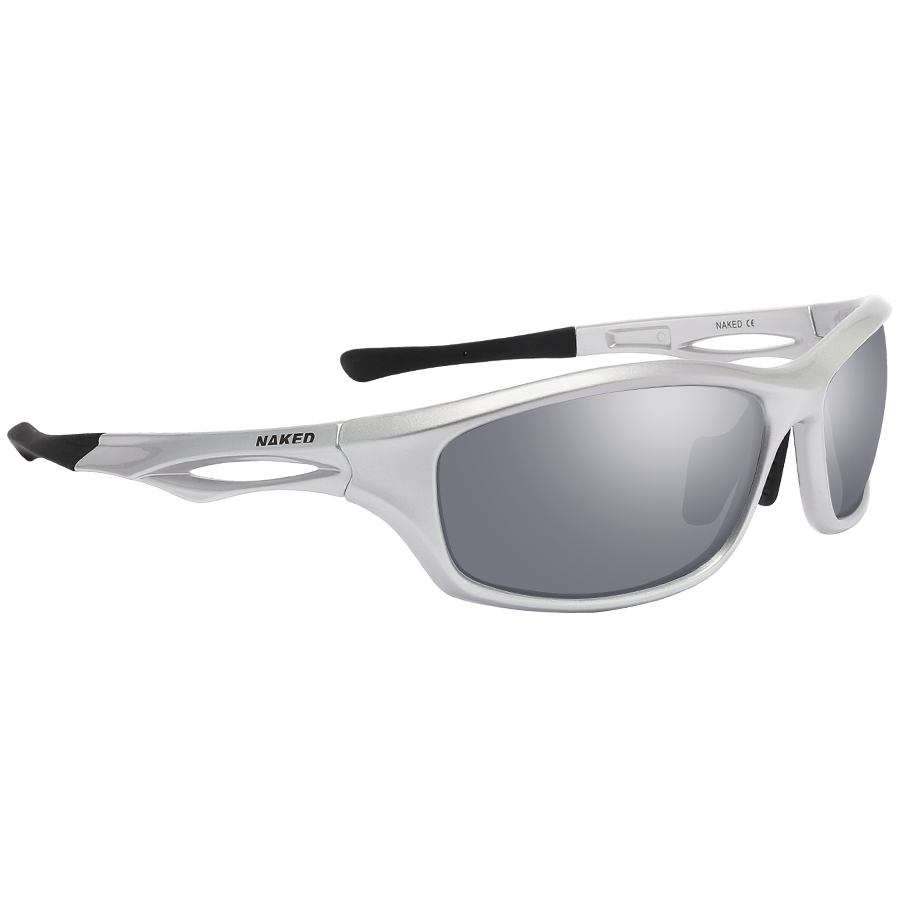 Silberne RAVE-Sportsonnenbrille im Wrap-around-Design von NAKED Optics mit verspiegelten Gläsern.