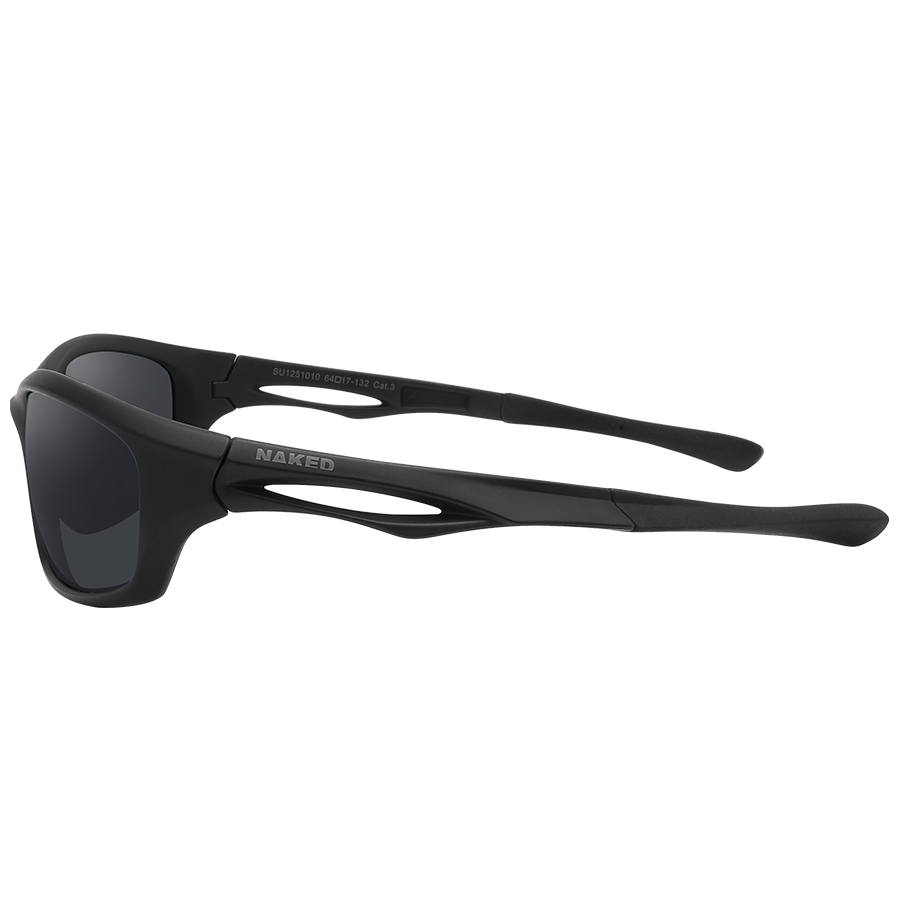 Vue de profil des lunettes de soleil de sport NAKED Optics The RAVE noires, dotées de verres foncés.