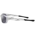 Die silberne RAVE-Sportsonnenbrille mit dunklen Gläsern und schwarzen Bügelenden.