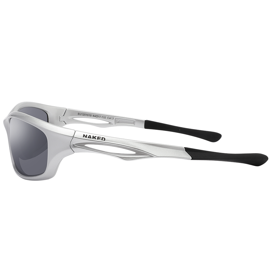 Die silberne RAVE-Sportsonnenbrille mit dunklen Gläsern und schwarzen Bügelenden.