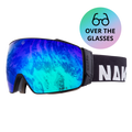 The STORM by NAKED Optics are blue ski goggles with a black strap labeled NAKED and an Over the Glasses icon in the corner. Featuring a sphärisch Skibrille design and advanced Anti-Fog-Beschichtung, these goggles provide clear vision on the slopes.