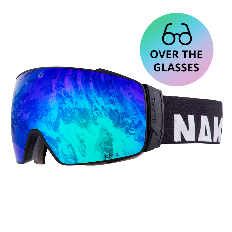 The STORM by NAKED Optics are blue ski goggles with a black strap labeled NAKED and an Over the Glasses icon in the corner. Featuring a sphärisch Skibrille design and advanced Anti-Fog-Beschichtung, these goggles provide clear vision on the slopes.
