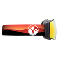 The STORM ski goggles from NAKED Optics feature a sunset-colored strap, a black mountain silhouette, and a white circular logo on the side. These Skibrille sphärisch offer an advanced Anti-Fog-Beschichtung to ensure clear vision in changing conditions.