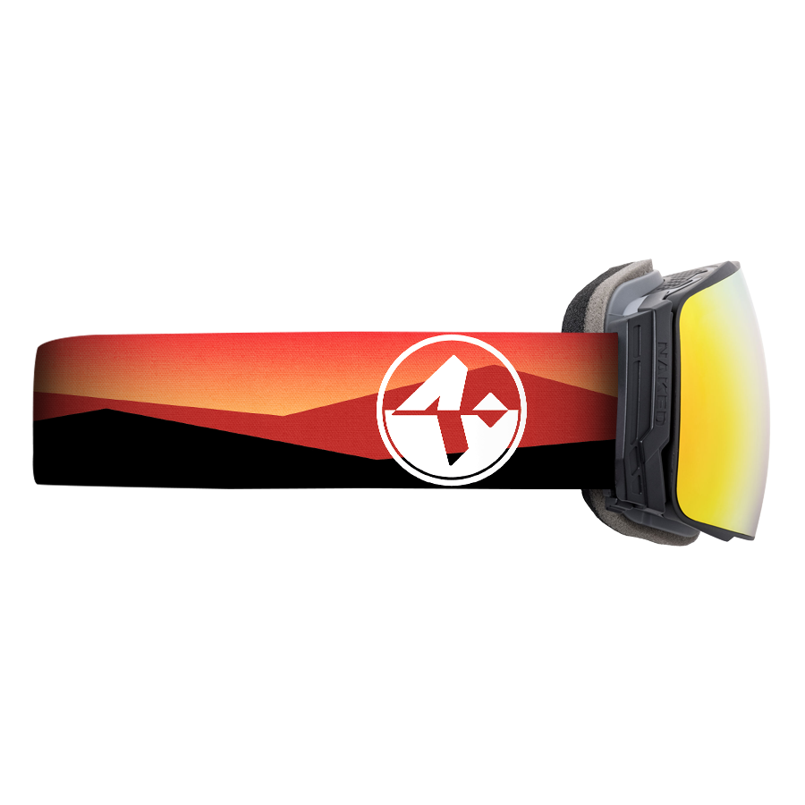The STORM ski goggles from NAKED Optics feature a sunset-colored strap, a black mountain silhouette, and a white circular logo on the side. These Skibrille sphärisch offer an advanced Anti-Fog-Beschichtung to ensure clear vision in changing conditions.