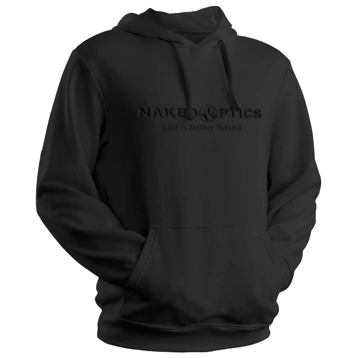 The NAKED Optics Hoodie Signature Stitch ist ein schwarzer UNISEX Kapuzenpullover mit gesticktem NAKED OPTICS Life is better Naked Logo auf der Brust.