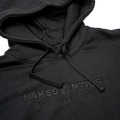 Schwarzer UNISEX Hoodie Signature Stitch von NAKED Optics mit Kapuze und Kordeln, „Life is better Naked“-Print auf der Brust sowie gesticktem Logo – der perfekte Kapuzenpullover für alle, die Stil und Komfort schätzen.