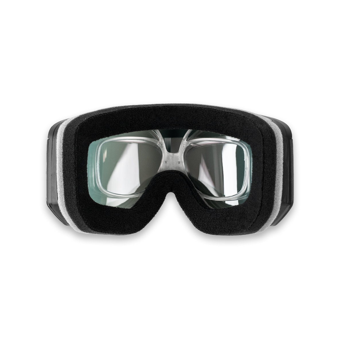 Close-up of a pair of clear NAKED Optics Skibrillen, featuring a black foam lining and designed for Brillenträger. This model is compatible with the Optisches Insert Clip (SOLAR, NOVA, STORM, TROOP EVO), making it ideal as a Skibrille mit Sehstärke.