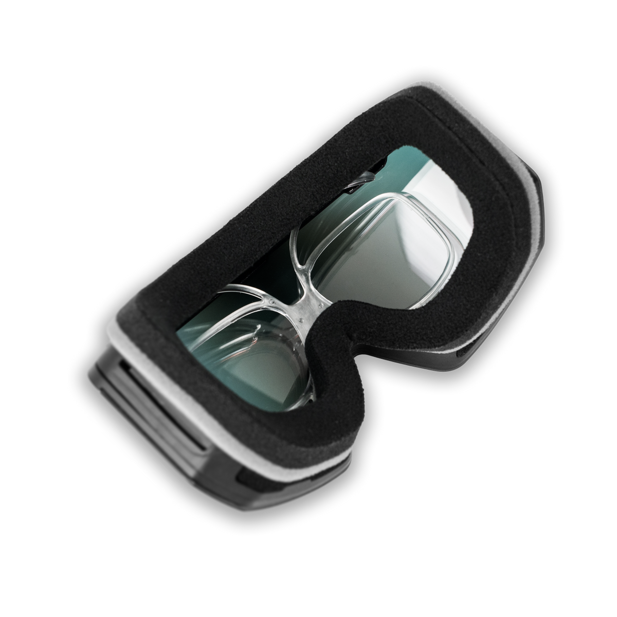 NAKED Optics Optisches Insert Skibrillen (SOLAR, NOVA, STORM, TROOP EVO) features a black foam rim and is shown accommodating prescription eyeglasses inside the lenses—perfect for Brillenträger or anyone who prefers an optischer Insert Clip for seamless vision correction.