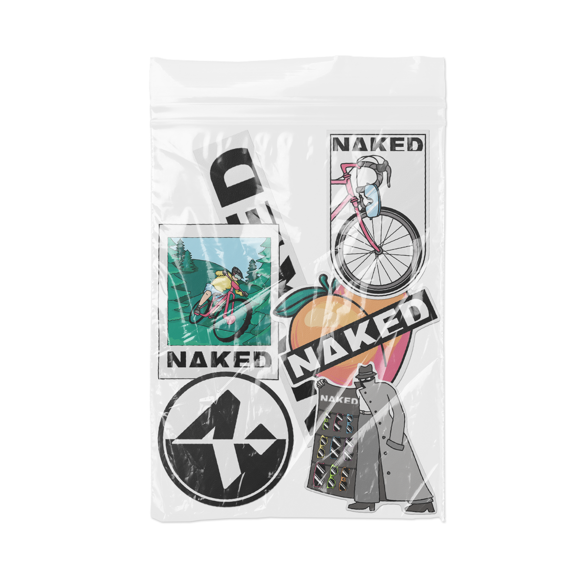 In einer durchsichtigen Tüte befindet sich das Aufkleber-Set von NAKED Optics mit einzelnen Motiven wie Fahrrädern, einem Pfirsich und dem Wort „NAKED“ in fetten Buchstaben, die für das authentische NAKED-Style-Flair sorgen.