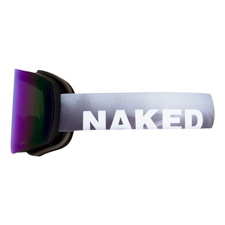 Die TROOP Bike von NAKED Optics ist eine stylische Skibrille mit violetten Gläsern und einem grauen Band, auf dem in fetten weißen Buchstaben „NAKED“ prangt – perfekt für Mountainbike-Abenteuer als MTB-Brille.