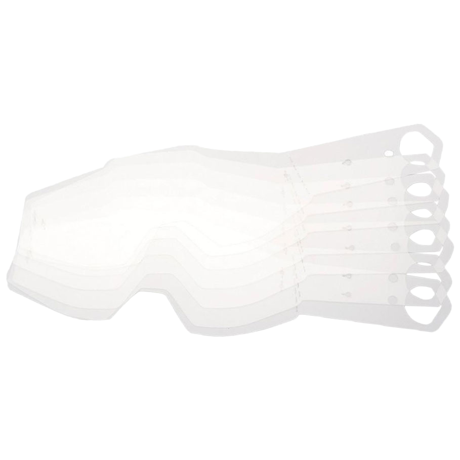 Stack of five clear Ersatzglas ZEND lens sheets by NAKED Optics, slightly fanned out on a white background—ideal for users of ZEND Downhillbrille who want easy Magnetsystem Gläserwechsel and dependable UV-400 Schutz.