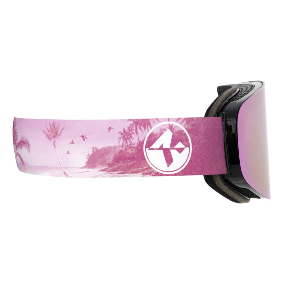 Upgrade your Skibrille with the NAKED Optics The TROOP EVO—featuring a pink ski goggle strap adorned with a tropical beach scene, soaring birds, and a white geometric logo. Enjoy crystal-clear vision on the slopes thanks to Wechselgläser and an effective Anti-Fog-Beschichtung.
