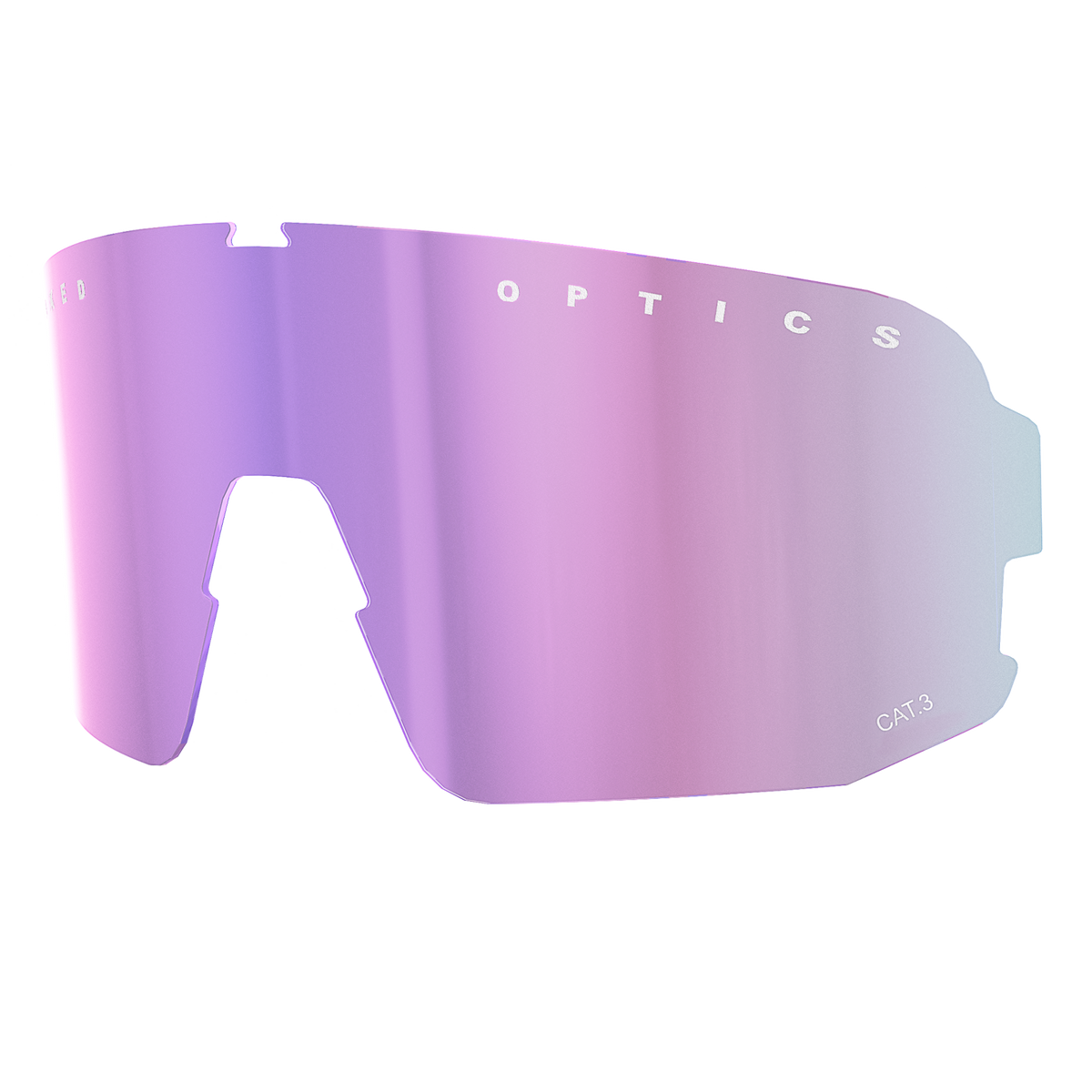 Enkele roze en paarse spiegelende NAKED Optics Ersatzglas VOLT-zonnebrilglazen met de tekst „OPTICS“ aan de bovenrand, ontworpen voor Sportbrille en met betrouwbare UV-Schutz, afgebeeld op een witte achtergrond.