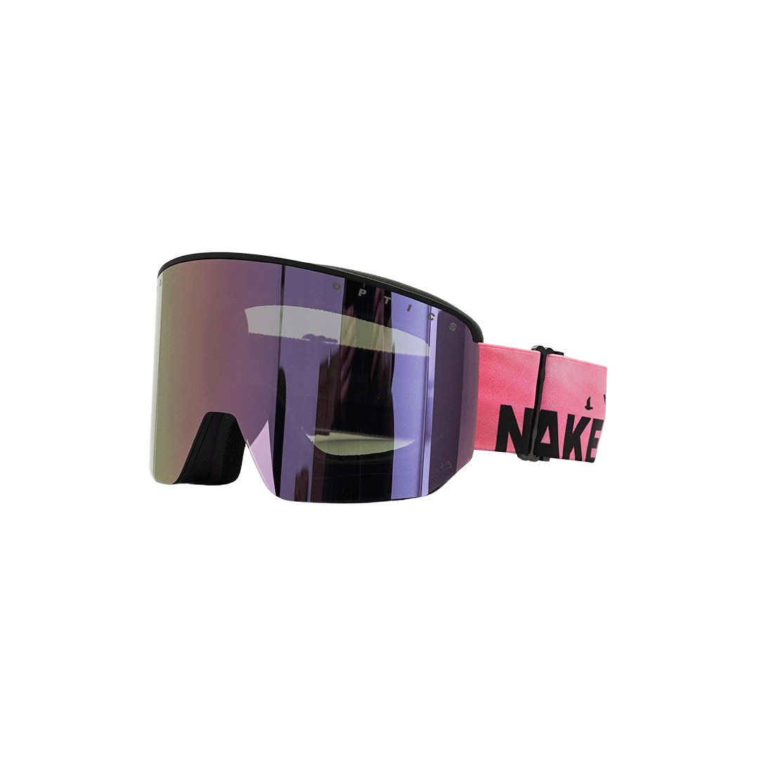 Erleben Sie die „NOVA“ von NAKED Optics – eine große, violett getönte Skibrille mit breiter Scheibe und einem markanten rosa Riemen, auf dem „NAKED“ in fetten schwarzen Buchstaben prangt. Ausgestattet mit einer Anti-Fog-Beschichtung sorgt diese Skibrille auch unter schwierigen Bedingungen für klare Sicht.