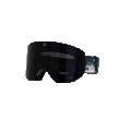 Die TROOP EVO von NAKED Optics ist eine schwarze Skibrille mit einer breiten, dunklen Scheibe mit Antibeschlagbeschichtung und einem verstellbaren Riemen mit Stadtmotiv.