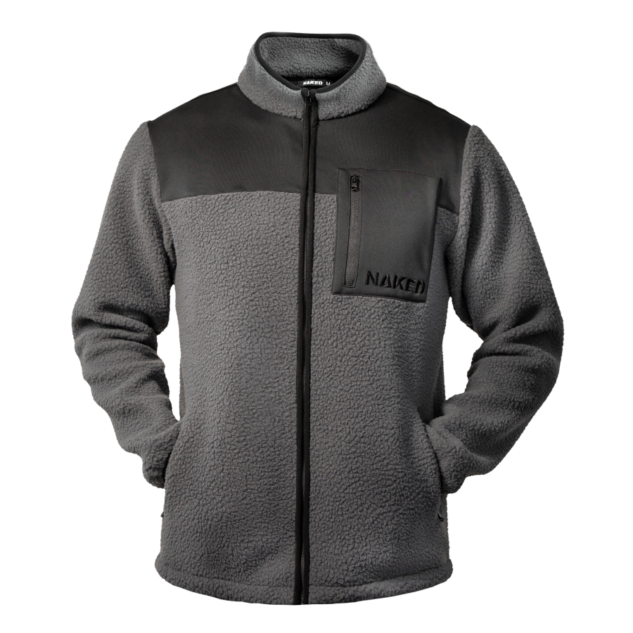 Die graue Fleecejacke von NAKED Optics hat eine schwarze Brustplatte, eine Brusttasche mit Reißverschluss und einen Frontreißverschluss. Das windabweisende Design sorgt für Komfort bei wechselndem Wetter. Auf einfarbigem Hintergrund dargestellt.