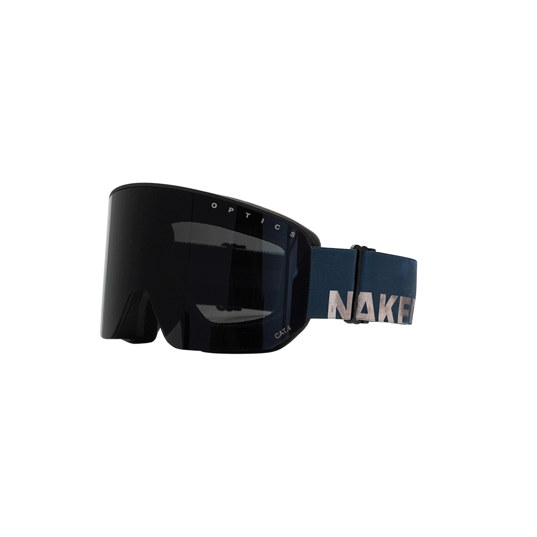 Introducing The NOVA by NAKED Optics: This black ski goggle features C AT.4 and OPTICS printed on the dark lens, complemented by a blue strap with bold NAKED branding. Designed as a große Skibrille, The NOVA is equipped with an innovative Magnetwechselsystem for rapid lens changes and includes an effective Anti-Fog-Beschichtung to guarantee clear vision in all conditions.