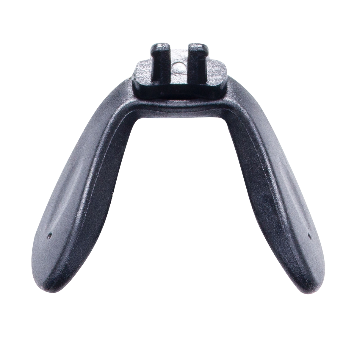Black plastic Nasenstück FALCON / HAWK by NAKED Optics, featuring two prongs on top and two curved arms, shown on a white background—ideal as an Ersatz-Nasenstück for your FALCON or HAWK Sportbrille.