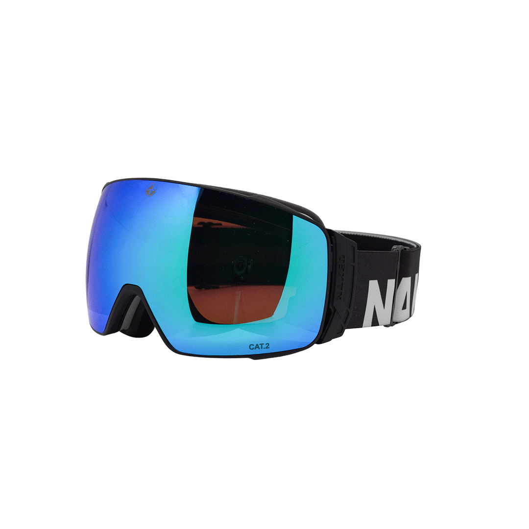 The STORM Skibrille by NAKED Optics features a blue mirrored, sphärisch lens with an Anti-Fog-Beschichtung for clear vision. It comes with a black strap adorned with white “NAKED” text, and is shown on a white background.