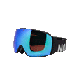 The STORM Skibrille by NAKED Optics features a blue mirrored, sphärisch lens with an Anti-Fog-Beschichtung for clear vision. It comes with a black strap adorned with white “NAKED” text, and is shown on a white background.
