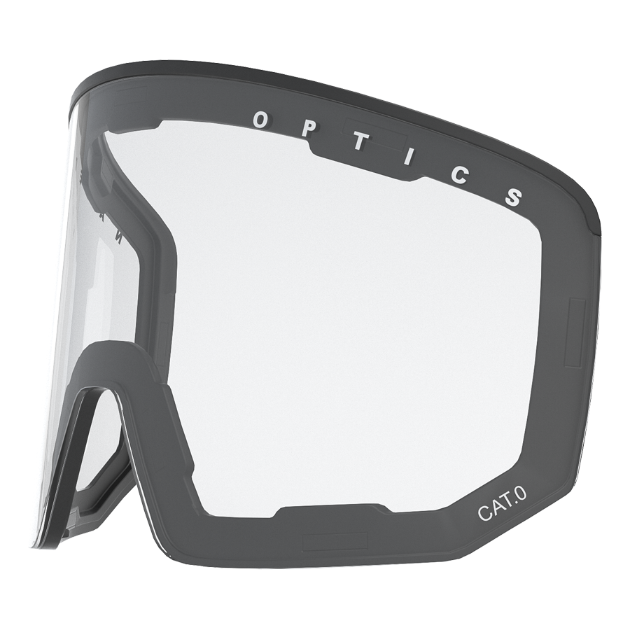 Klares Sportbrillenglas mit schwarzem Rahmen, am äußeren Rand mit den Aufschriften „NAKED Optics“ und „CAT.0“ versehen. Das Ersatzglas NOVA verfügt über eine Anti-Fog-Beschichtung für optimale Sicht bei Winteraktivitäten.