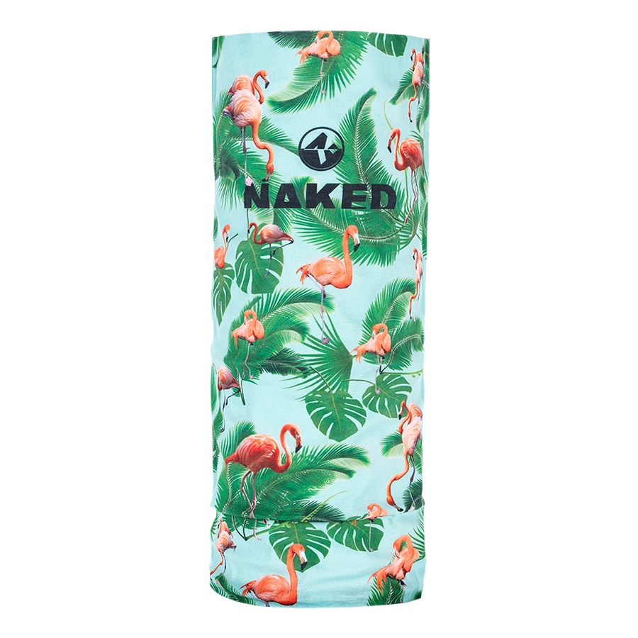 A turquoise Schlauchschal (Bandana) from NAKED Optics, adorned with playful pink flamingos and green tropical leaves along with the NAKED print—perfect as a stylish neck gaiter for skiing or a versatile skimaske for all your outdoor adventures.