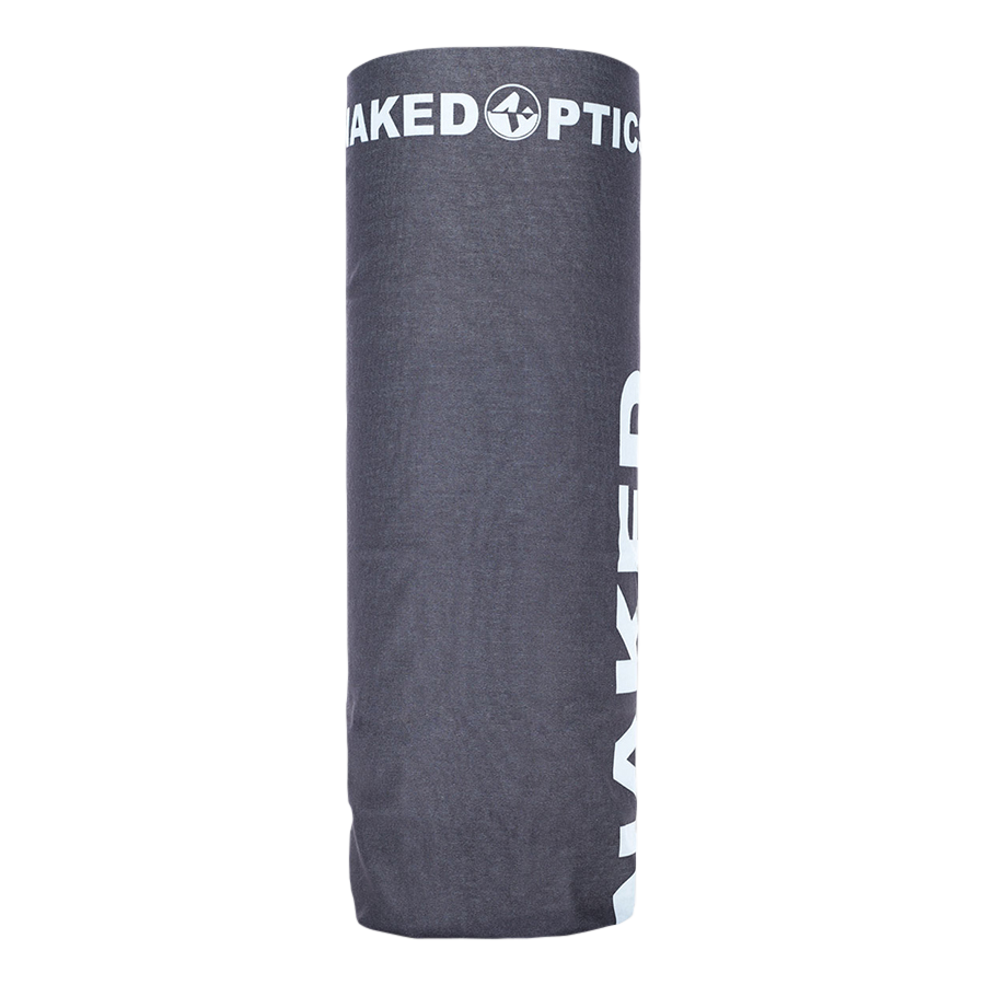 Gray cylindrical NAKED Optics-branded Schlauchschal (Bandana), displayed on a white background, likely serving as a protective accessory.