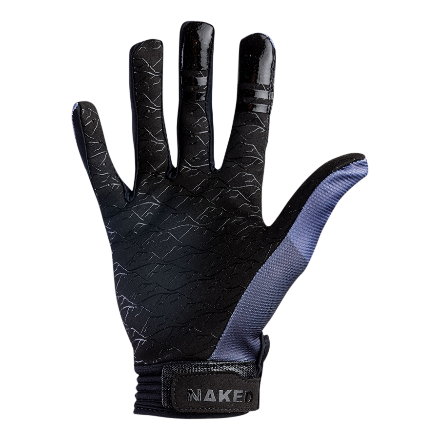 Black and grey The RAID Bike Handschuh by NAKED Optics features a textured pattern, open palm up, and a NAKED label on the wrist strap—ideal for cyclists seeking both comfort and reliable grip as MTB Handschuhe or Bike Handschuhe.