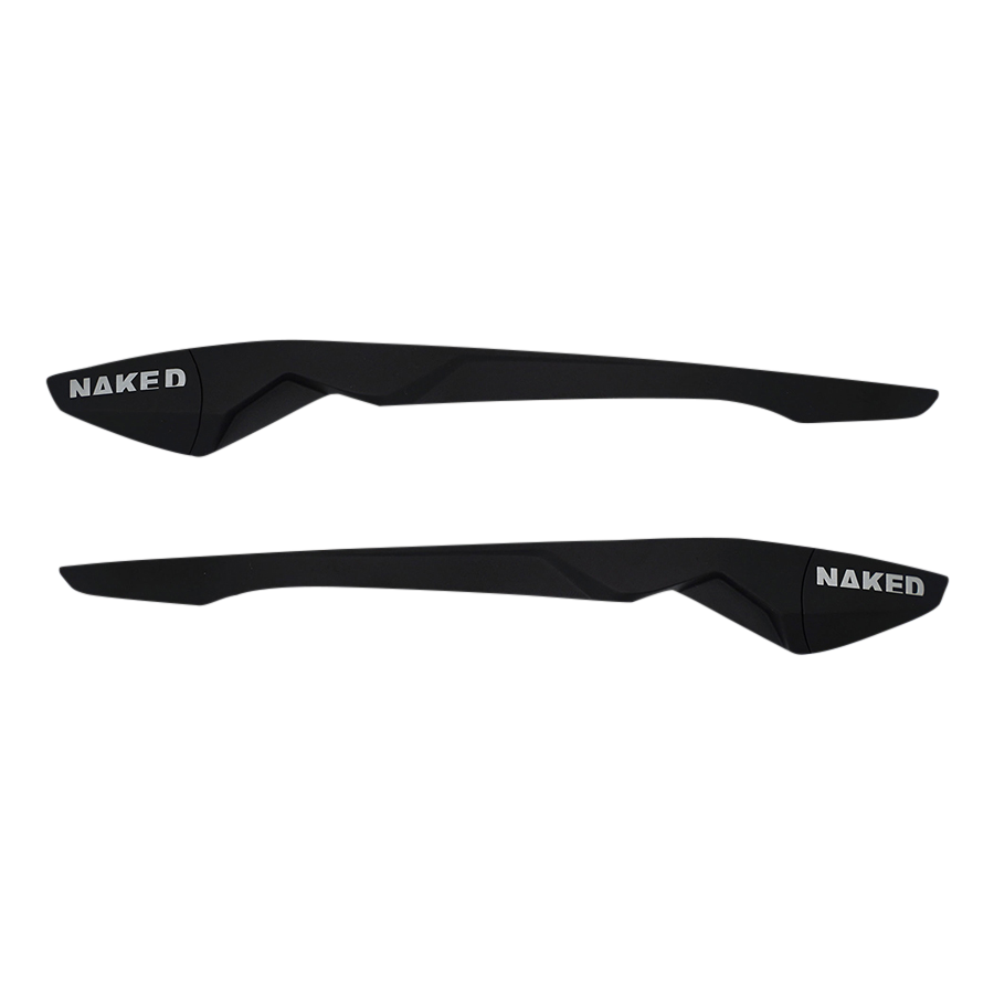 Due pezzi in plastica nera dalla forma spigolosa, con la scritta “NAKED” in bianco su ciascuno, progettati come stanghette di ricambio per gli occhiali sportivi NAKED Optics The FALCON (Ersatzbügel FALCON).