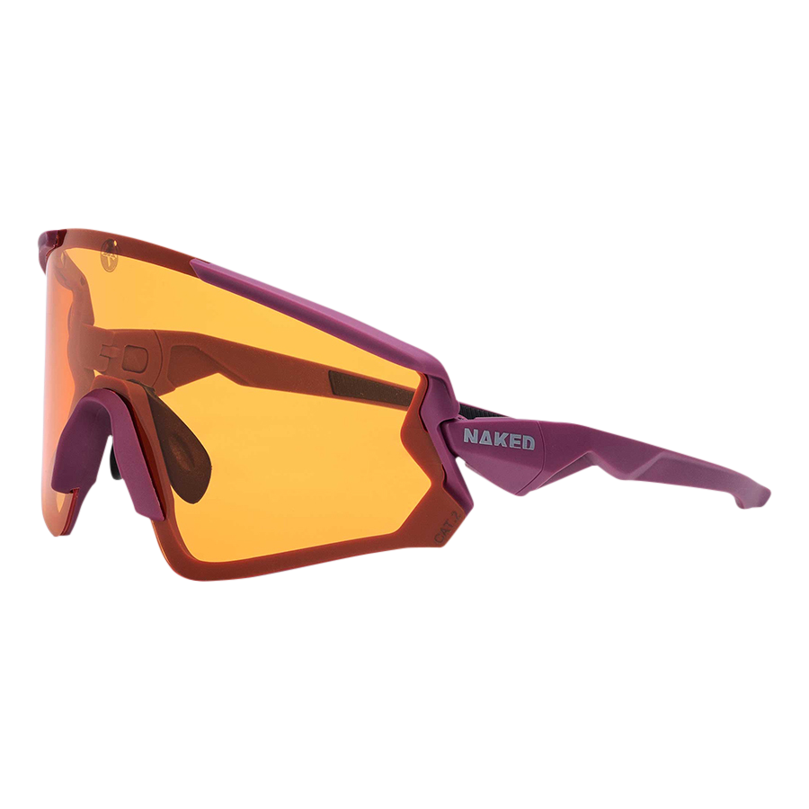 Lunettes de soleil sportives « The FALCON » de NAKED Optics, dans les tons violet et orange, présentées sur un fond blanc uni. Dotées d'une protection UV400, ces lunettes de soleil sportives et élégantes sont idéales pour les modes de vie actifs.