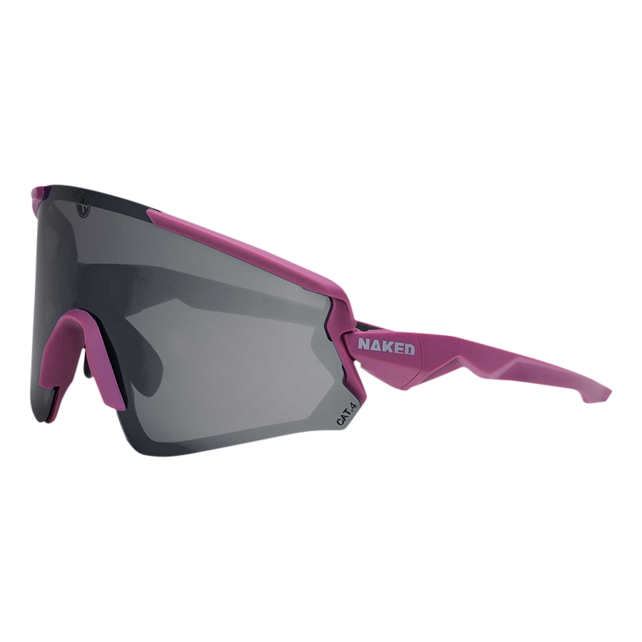 Sleek pink and black FALCON Sportsonnenbrille by NAKED Optics featuring mirrored lenses, UV400 Schutz, and the word NAKED on the side.
