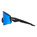 Side view of The FALCON by NAKED Optics—a black sports sunglasses with blue mirrored lenses, featuring the NAKED Optics logo on the frame and offering reliable UV400 protection.