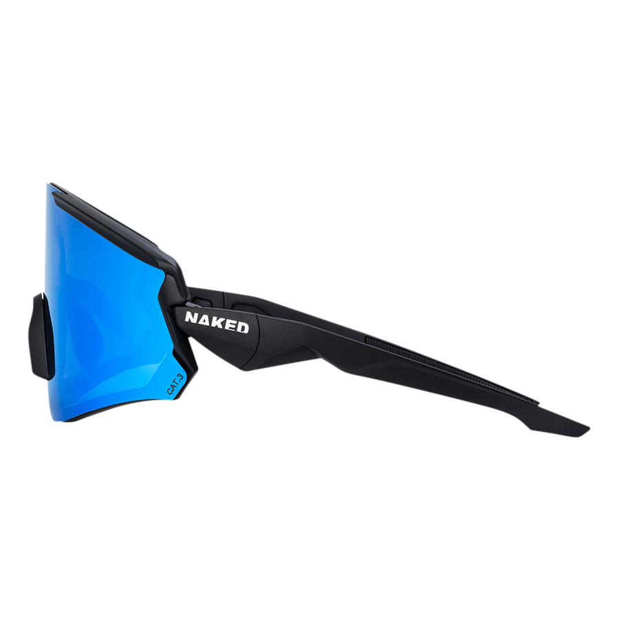 Side view of The FALCON by NAKED Optics—a black sports sunglasses with blue mirrored lenses, featuring the NAKED Optics logo on the frame and offering reliable UV400 protection.