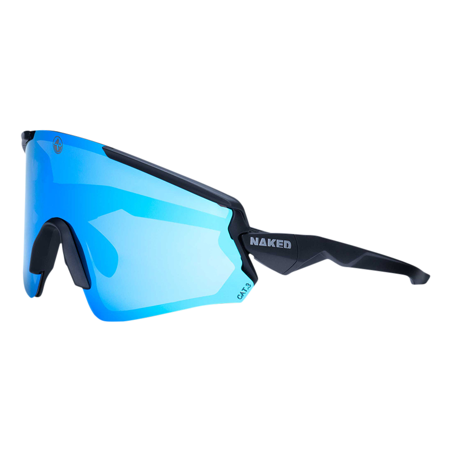 Introducing The FALCON by NAKED Optics—a stylish black and blue Sportsonnenbrille with mirrored lenses and signature NAKED branding on the arm. This sportbrille provides UV400 Schutz, ensuring your eyes stay protected during all your outdoor activities.