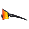 Side view of The FALCON by NAKED Optics—black sport sunglasses with orange mirrored lenses, UV400 protection, and the NAKED logo on the arm.