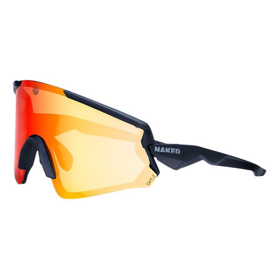 The FALCON by NAKED Optics is a sporty sportbrille featuring a black frame and red-orange mirrored lens, with “NAKED” displayed on the arm. These Sportsonnenbrille offer UV400 Schutz to keep your eyes protected during any outdoor activity.