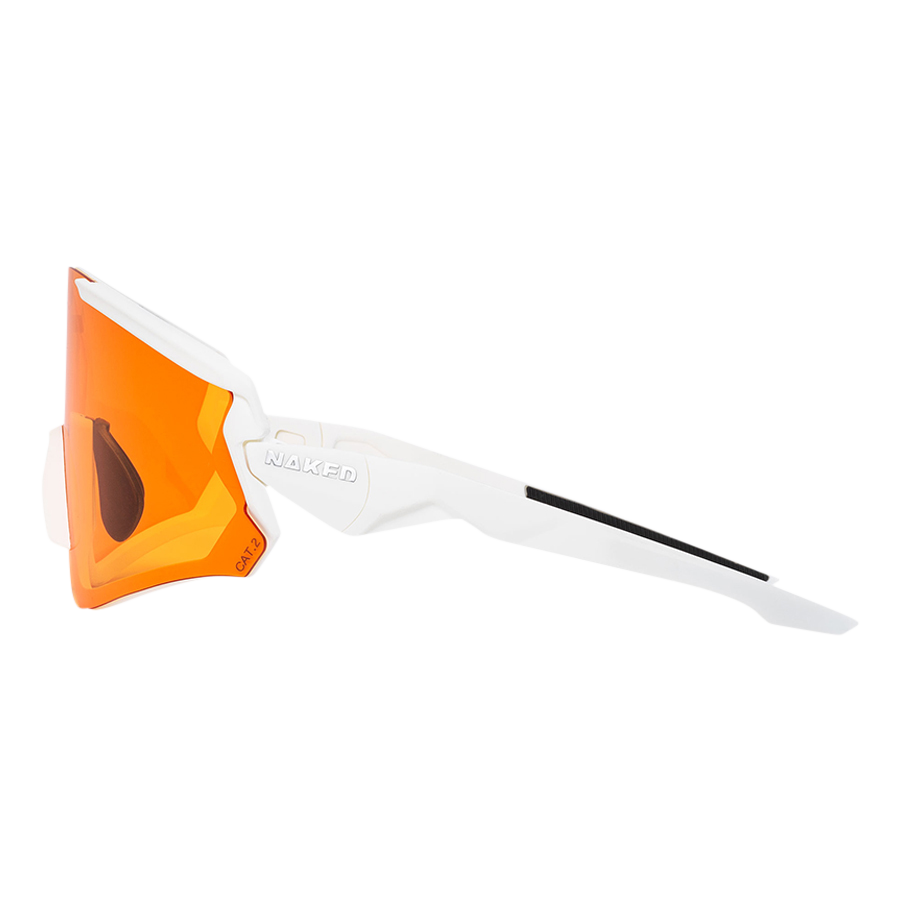 The FALCON by NAKED Optics is a white sport sunglasses featuring an orange mirrored shield lens with UV400 protection, shown in a side view against a plain background.