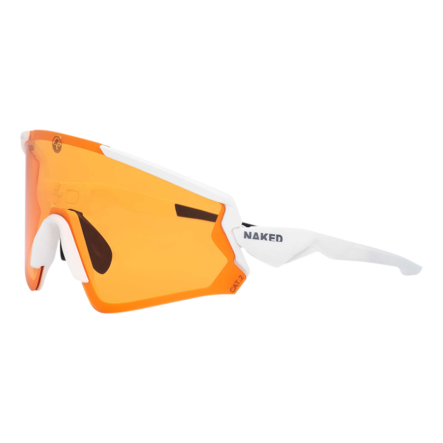The FALCON by NAKED Optics is a white sport sunglasses model featuring orange-tinted lenses, signature NAKED branding on the side, and offering reliable UV400 protection for all your outdoor activities.