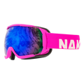 Die verspiegelte Skibrille The FAME von NAKED Optics beeindruckt mit blau reflektierendem Glas und markantem weißen Schriftzug auf dem elastischen Band, präsentiert vor weißem Hintergrund.