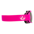 Die Skibrille The FAME von NAKED Optics in Pink mit verspiegelter Scheibe verfügt über ein breites elastisches Band und trägt seitlich ein weißes, rundes Logo; abgebildet ist sie in der Seitenansicht.