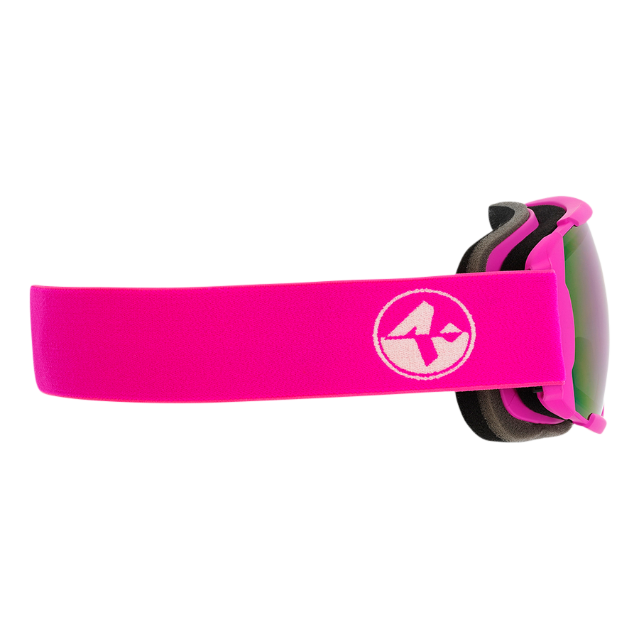 Die Skibrille The FAME von NAKED Optics in Pink mit verspiegelter Scheibe verfügt über ein breites elastisches Band und trägt seitlich ein weißes, rundes Logo; abgebildet ist sie in der Seitenansicht.
