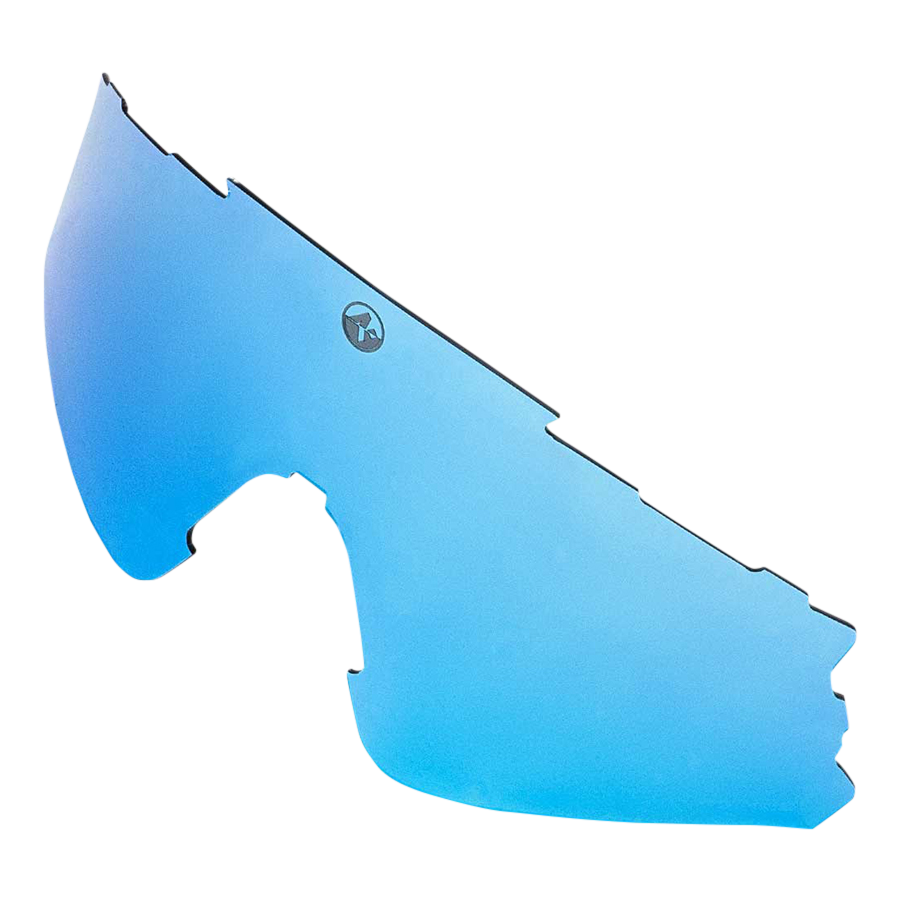 Lente di ricambio FALCON di NAKED Optics: lente blu di ricambio per occhiali da sole sportivi con bordi dentellati e logo vicino alla parte centrale superiore. La lente offre protezione UV400 ed è dotata di un rivestimento Nano-HD di alta qualità, ideale per garantire massima nitidezza e protezione.