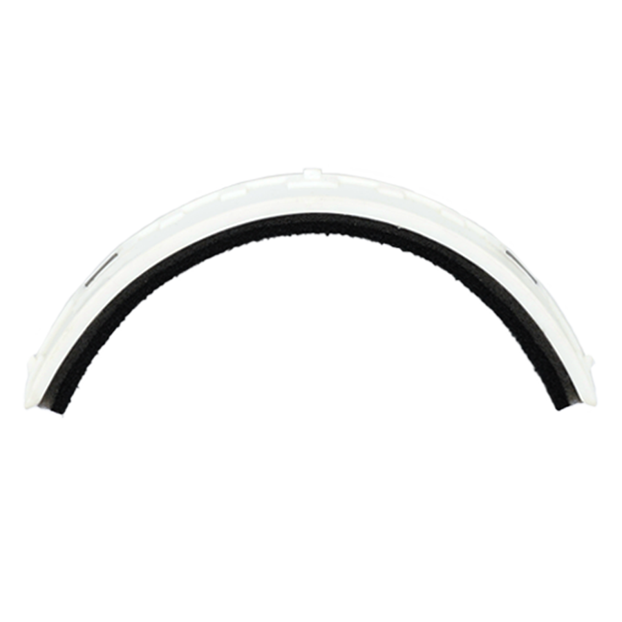 A curved white Schweißband FALCON from NAKED Optics, featuring a sleek design with a black strip along the inner edge, is displayed against a plain background.