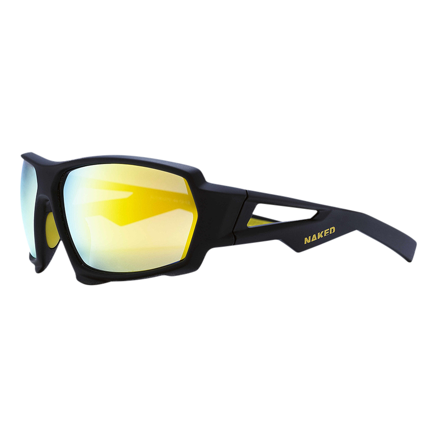 The CHARGE Fullframe by NAKED Optics is a black sport sunglasses model with yellow reflective lenses, crafted from lightweight TR90 material and featuring UV400 protection. The word “NAKED” appears on the side in gold letters.