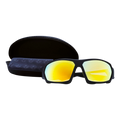 The CHARGE Fullframe by NAKED Optics features black sunglasses made from durable TR90 material, with yellow mirrored UV400 lenses. The set includes a black case and a cleaning cloth, all presented on a white background.