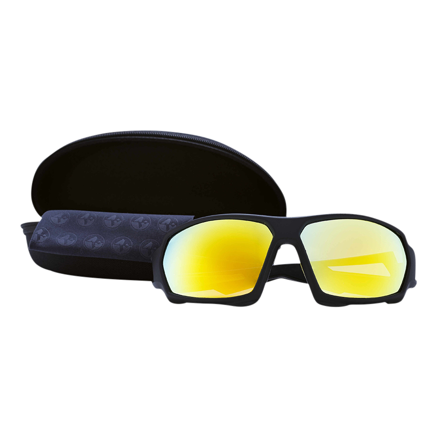 The CHARGE Fullframe by NAKED Optics features black sunglasses made from durable TR90 material, with yellow mirrored UV400 lenses. The set includes a black case and a cleaning cloth, all presented on a white background.