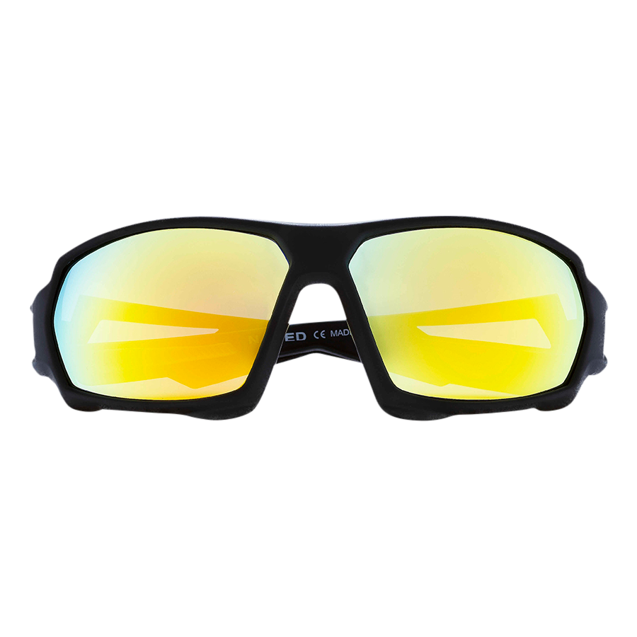 Schwarze The CHARGE Fullframe Sportsonnenbrille von NAKED Optics aus robustem TR90 Material mit gelb verspiegelten Gläsern und UV400 Schutz, in der Frontansicht auf weißem Hintergrund fotografiert.